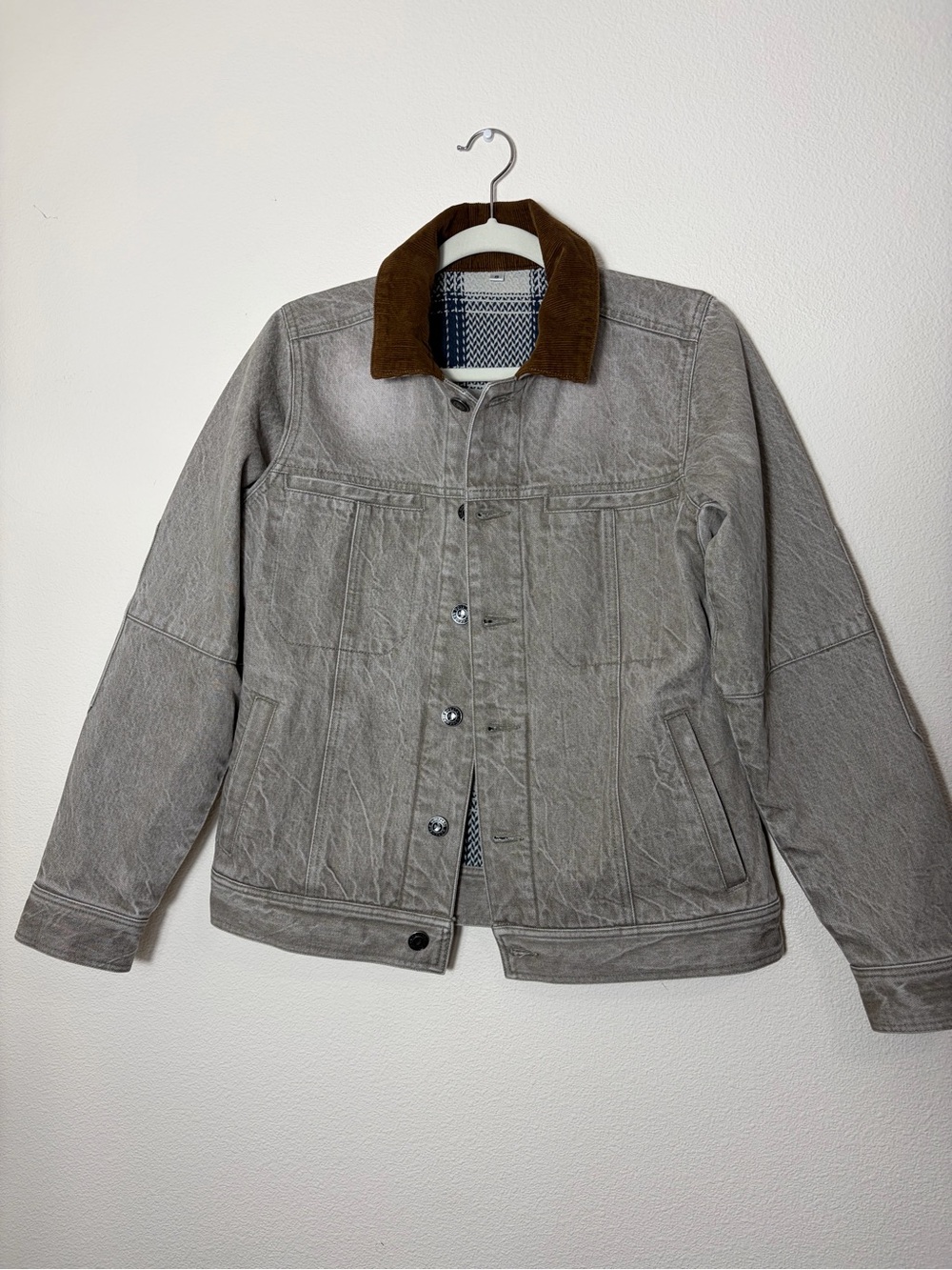Dovetail Workwear Gray Denim Jacket with Brown Corduroy Collar Size S